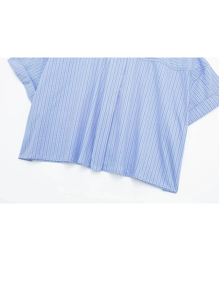 HH ملابس الصيف النسائية شيك الأزرق شريط التلبيب واحدة الصدر زر حتى المرأة قصيرة الأكمام قميص التنقل مكتب أعلى #4