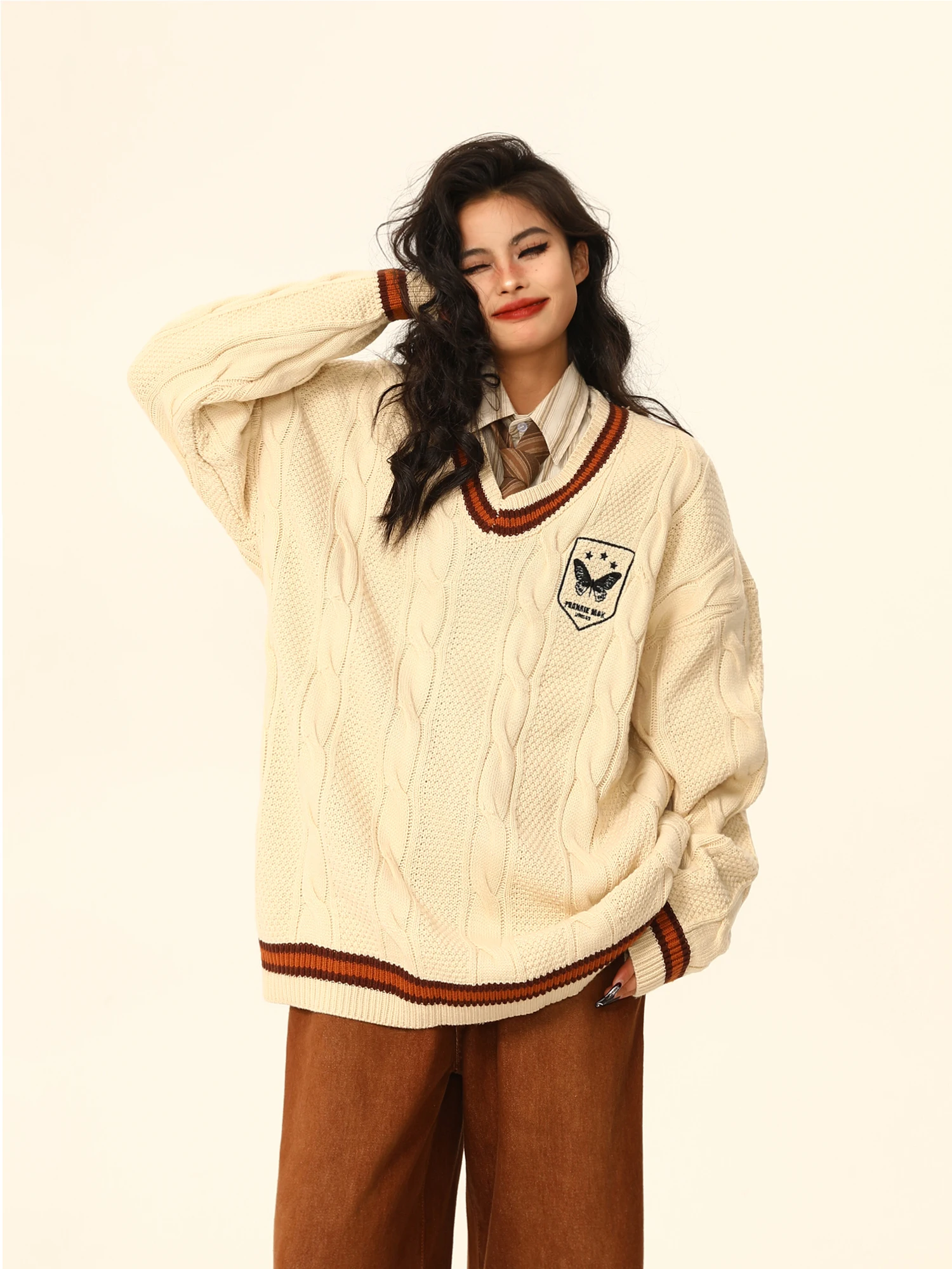 

Original Wild Alice American Retro V-ne College Sle Knitted Sweater Women Autumn Winter Aosphere Lazy Top Street Wear L...