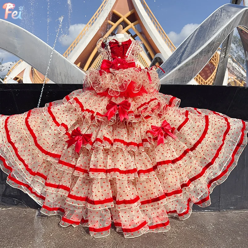 

Luxury Red Flamenco Pet Dog Dress, Detachable Tiered Ruffle Cake Train Costume for Small Dog, Handmade Party & Halloween Apparel