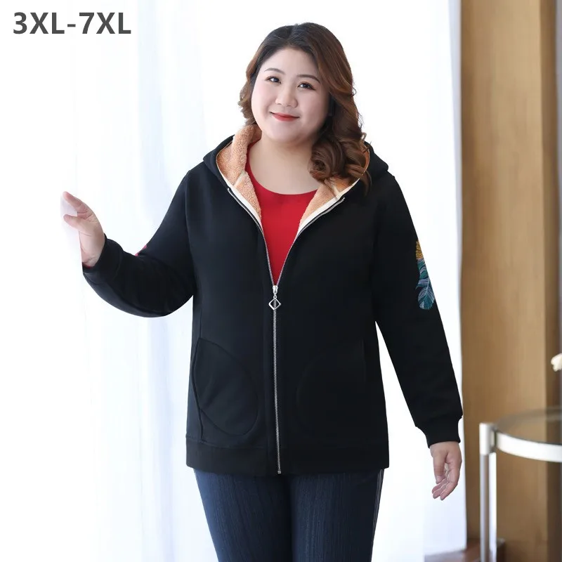 

Women Autumn Winter Hoodies Sherpa Thick 100KG Loose Female Embroidery Plus Size 5XL 6XL 7XL Warm Coat Fleece Black Clothes