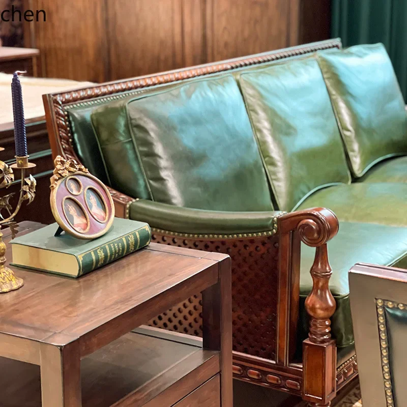 DSA  Solid Wood Sofa Living Room Vintage Genuine Leather Sofa Set Small Apartment Leather Art Sofa