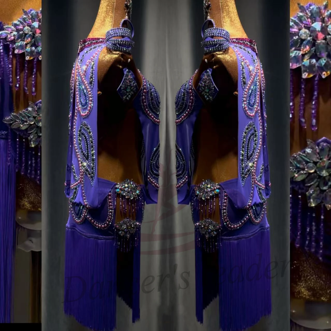 Costume de danse latine AB Stone pour femmes et enfants, haut de gamme, personnalisé, Noble, violet, robe de spectacle de piscine noire, Samba