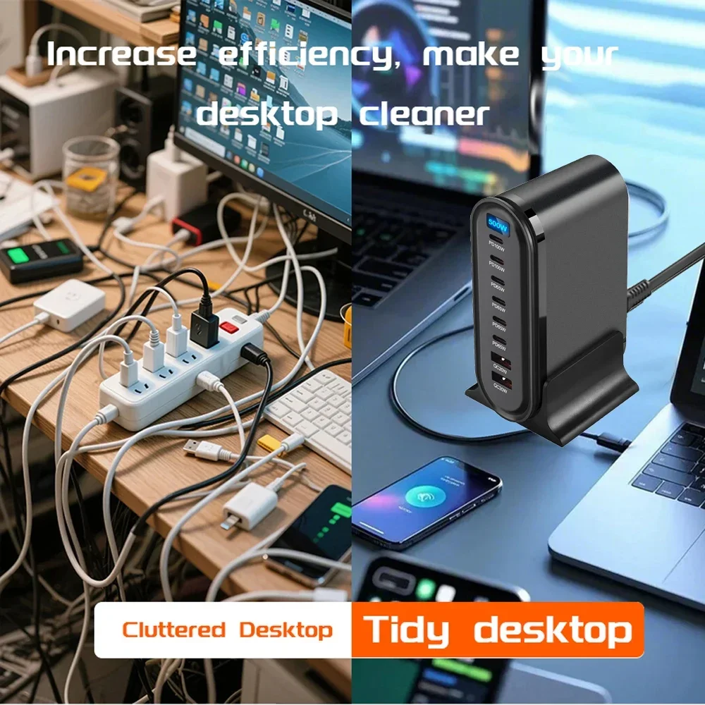 شاحن USB PD بقدرة 500 وات لهاتف iPhone 15 14 13 PRO MAX/Samsung S24 S23/Xiaomi/Huawei/iPad Type C شحن سريع متعدد المنافذ محطة شحن سطح المكتب لأجهزة الكمبيوتر المحمولة والأجهزة اللوحية