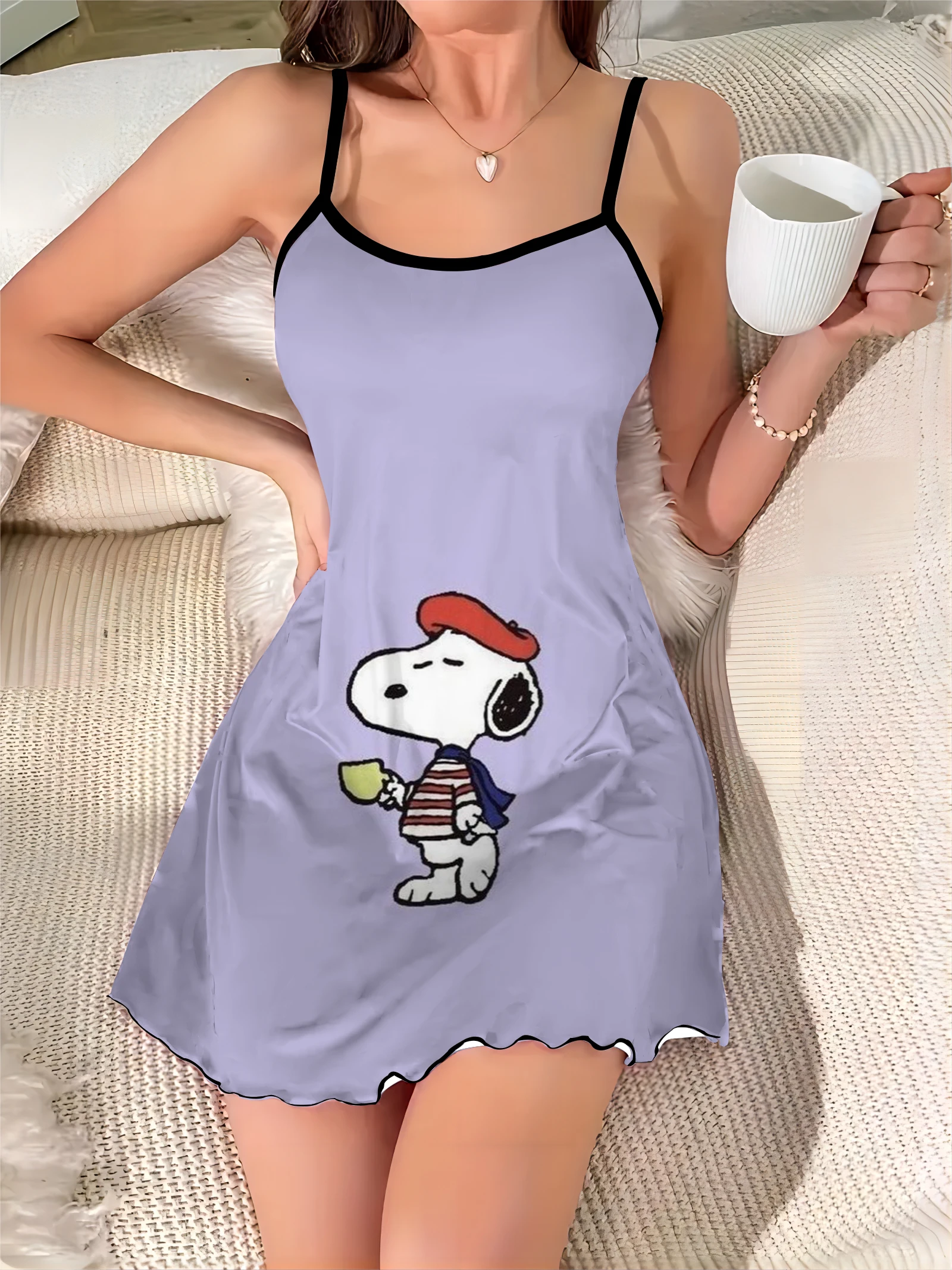 Lattuga Trim girocollo Snoopy vestito Sexy abiti eleganti per le donne moda estate 2024 Chic Mini raso Trim collo Slip Dress Home