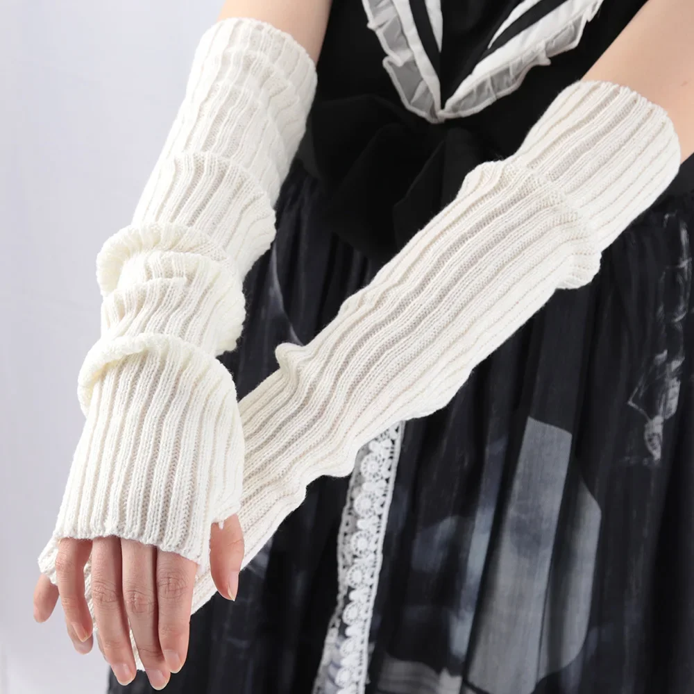 2025 New 52cm Women Knit Arm Sleeves Japanese White Black Goth Kawaii Long Fingerless Gloves for Girls Harajuku Accessories