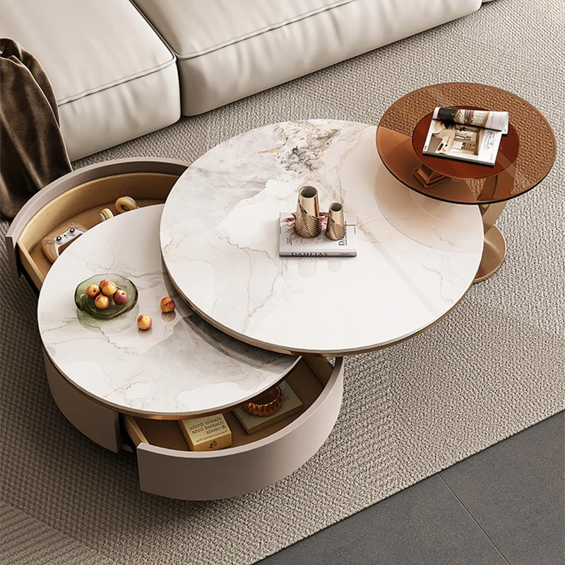 

Modern Luxury Foldable Coffee Table Set Home Round Rock Slab Center Table Sets for Living Room Office 2-Piece Table with Storage