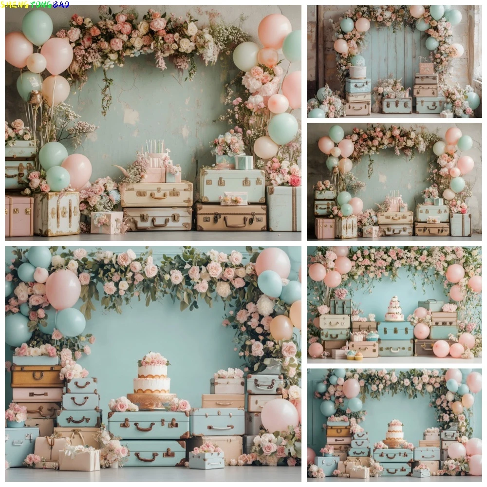 

Spring Travel Theme Photography Background Flower Balloon Luggage Kids Portrait Birthday Party Decor Background Photobooth Props