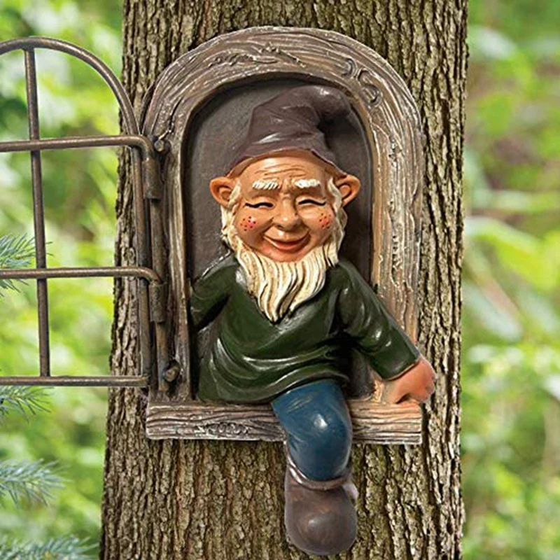 Garden Gnome Statue, Elf Out The Door Tree Hugger, Funny Garden Tree Decoration, Patio Yard Lawn Porch Decor Durable -Style 1