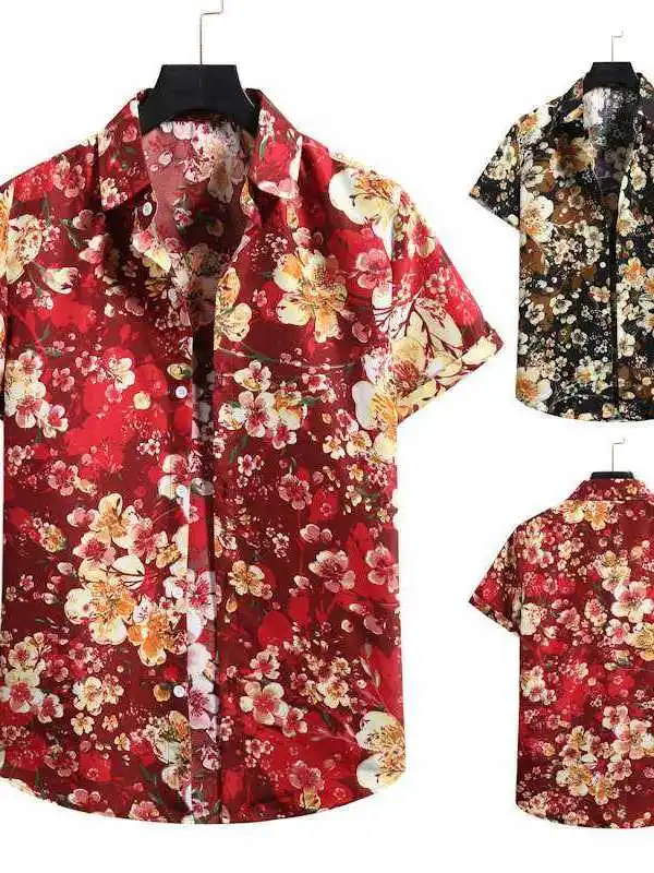 

Summer New Men's Beach Flower Shirt Short-Sleeved Loose Fit Thickened PU Leather CleanFit Style Inner Wear for Middle-Aged An...