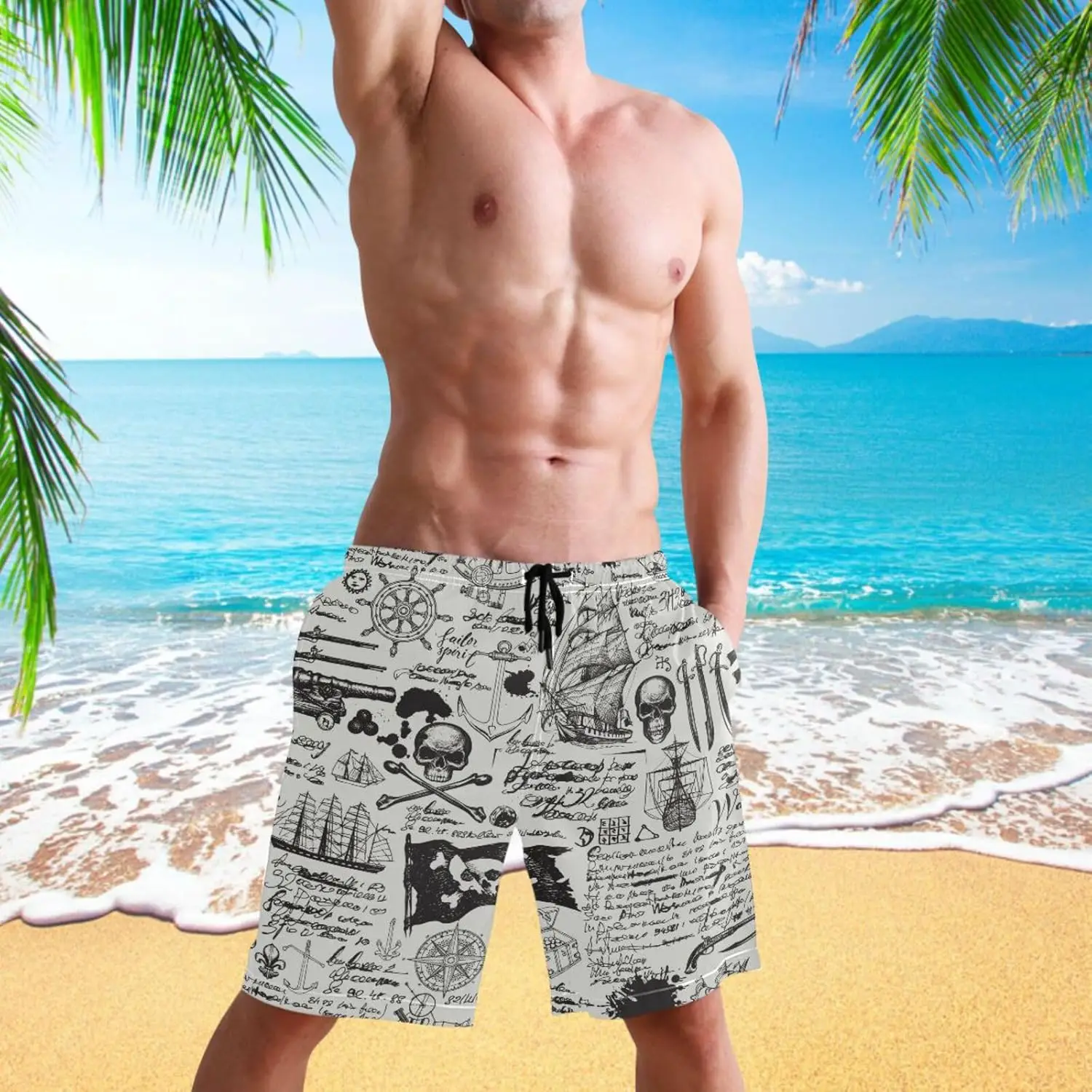 Vintage Pirate-Themed Men's Swim Trunks Quick Dry Swimwear Summer Beach Sports Board Shorts Floral Bathing Suit