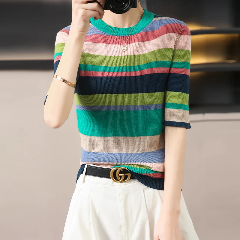 

Fashion knit stripe short sleeve women's summer round collar ice silk slim T-shirt cotton thread half sleeve cotton linen top