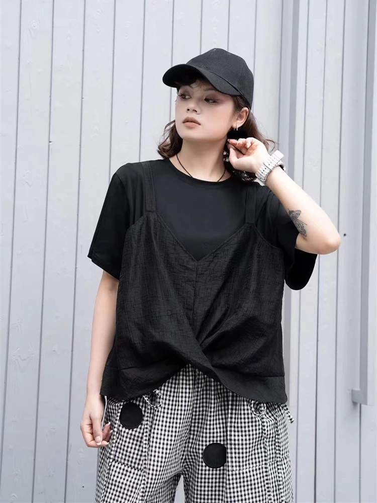 

XITAO Folds Patchwork Short Sleeve T-shirts O-neck Solor Color Pullover Loose All Match Tops 2024 Summer New Fashion GJ1037