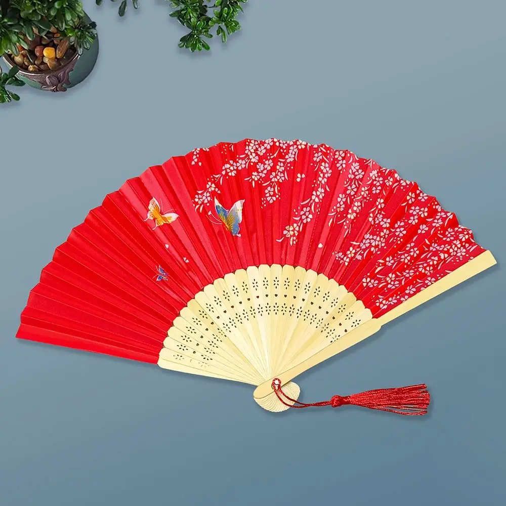 Silk Vintage Folding Fan Colorful Bamboo Hand Fan Tassel Elegent Hand Fan Shank Classical Dance Fan Clothing Accessories