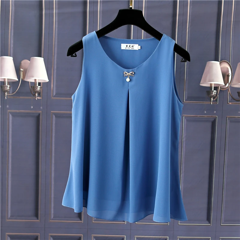 Super Soft Women Chiffon Blouses Tops Casual Sleeveless Vest V Neck Shirt Blusas Femininas Tank Female Clothing Size M-5XL