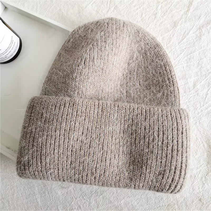 Cashmere Wool Fashion Warm  Skullies Angola Rabbit Fur Winter Knitted Beanies Women Cap Female Three Fold Ski Outdoor Hats