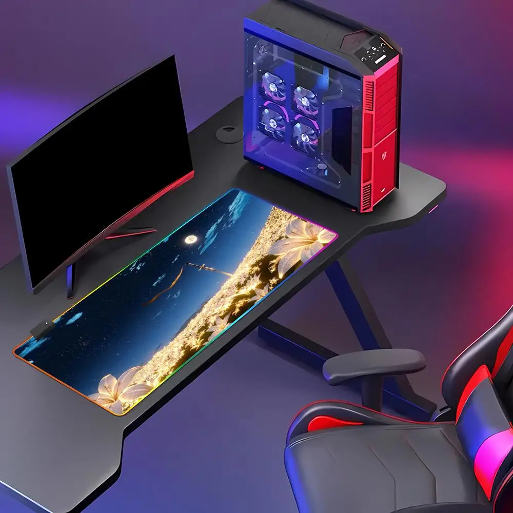 HYBXAXC Samurai Sword Lily Flower Mouse Pad, Moon Night Katana Desk Non-Slip RGB Gaming Pad HD Gamer LED Light Gaming for Gamer