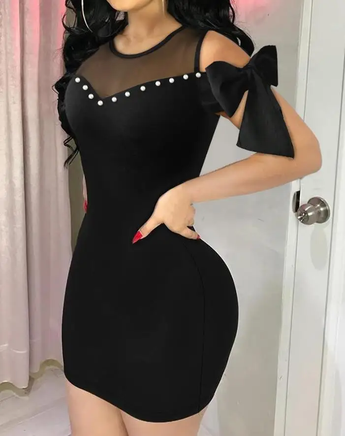 Womens Dresses 2024 Summer Fashion Cold Shoulder Beaded Bowknot Design Bodycon Dress Sheer Mesh Patch Short Sleeve Mini Dress