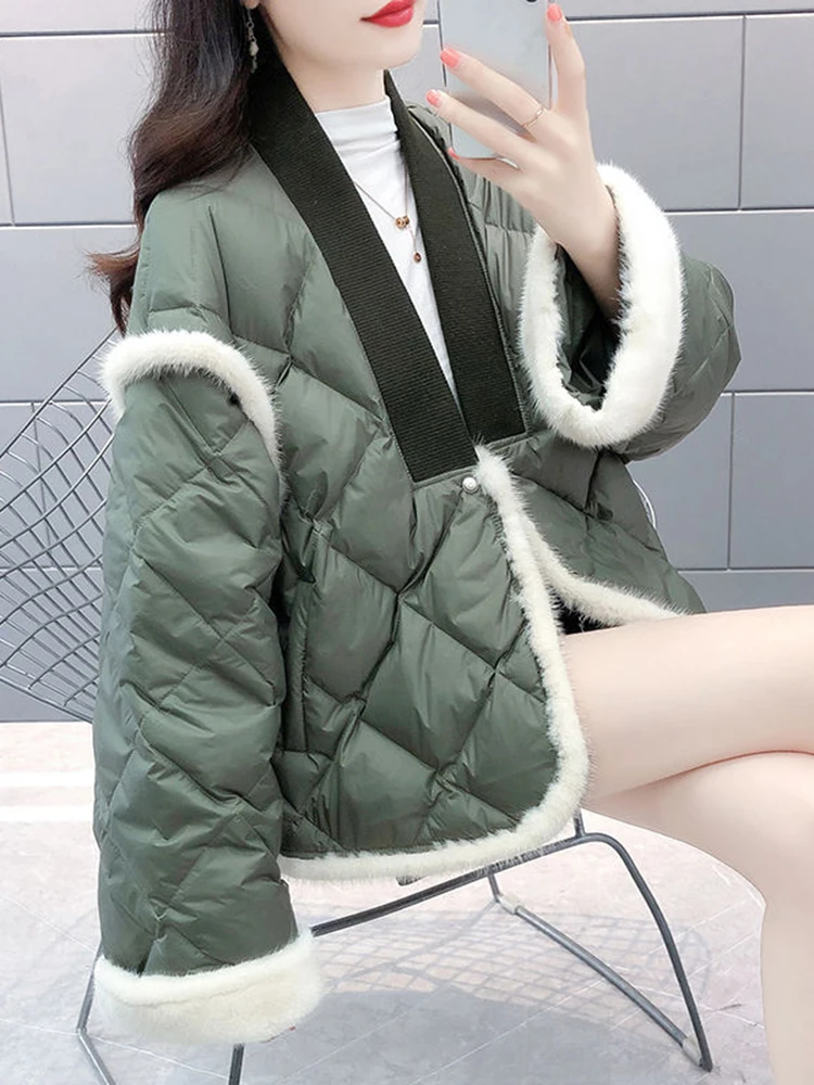 KBAT 2024 Woman Green Patchwork Jacket Oversize Autumn Winter Loose Coat Casual Cotton Padded Jacket Female Warm Outwear