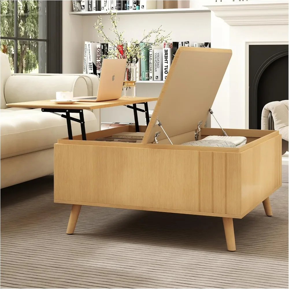 Mesa de centro elevatória com armazenamento e compartimento oculto, mesa central retrô com mesa elevatória de madeira, moderna de meados do século