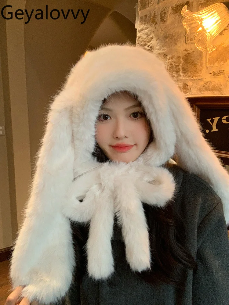 

Плюшевая шапка с белыми кроличьими ушками, милый зимний шарф для девочек, комбинированный утолщенный теплый защитный уши, шапки с капюшоном, утеплитель для шеи