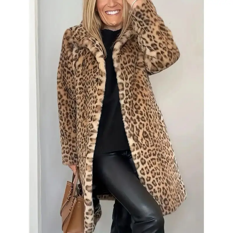 Elegant Leopard Print Long Coat for Women Casual Formal Medium Year Spring No Brand Registered Trademark Apply to