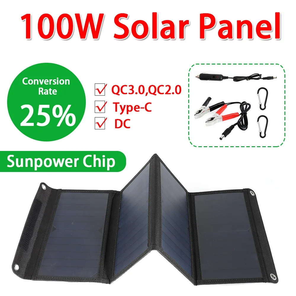 

100W QC3.0 Fast Charging Monocrystalline Solar Panel Foldable Pack Portable Solar System Kit Solar Cells Emergency Charging Pane