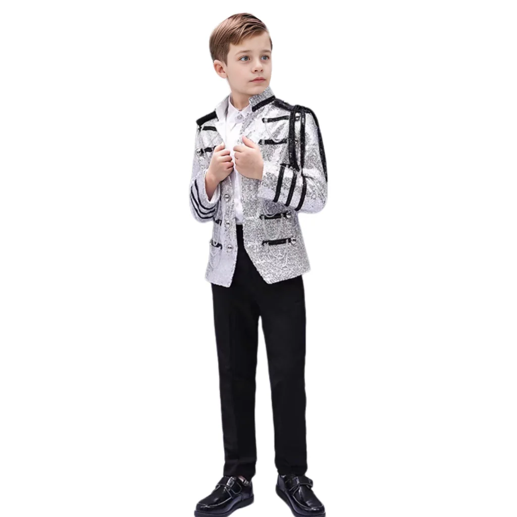 2024 Boys Blazer And Pants 2 Pieces Sequin Fringe Court Style Luxury Birthday Party Suit Performance Clothing 3-16 Years