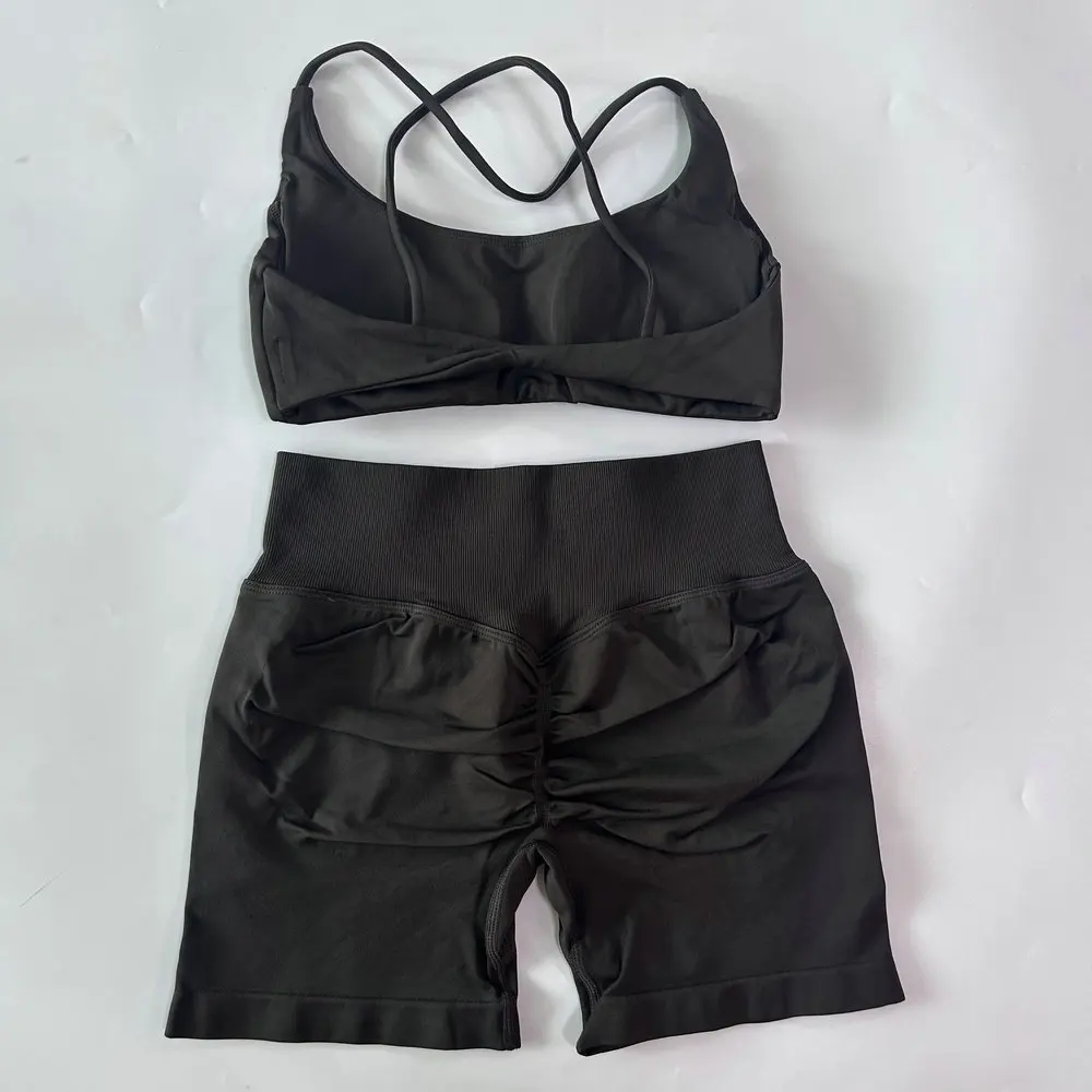 2-teiliges Set Damen-Outfit, nahtloser Yoga-BH mit Riemchen und Twist-Rücken, Scrunch-Shorts, Sportanzug, Fitness- und Gym-Kleidung, Yoga-Set – Detail 10
