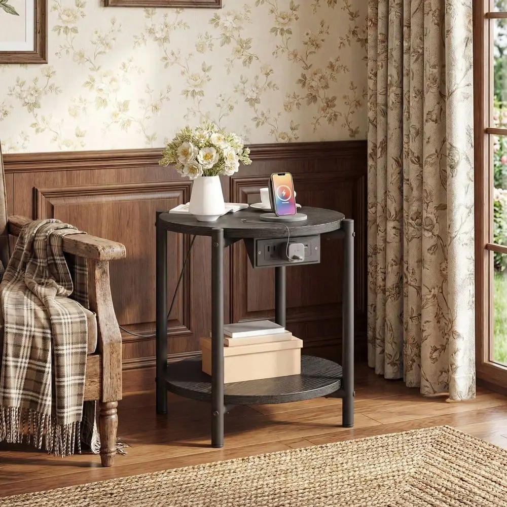 

Side Table, 16 Inches Wide, Small Round Side Table With Charging Station, DoubleLayer Modern Bedside Table, Suitable For Small