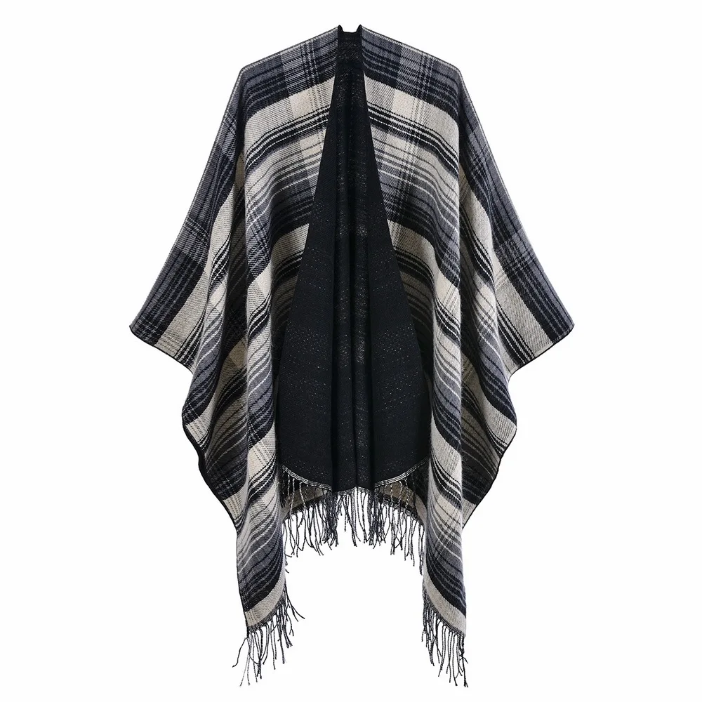 

Autumn Winter Scottish Classic Color Plaid Shawl Cloak Imitation Cashmere Tassel Warm Split Shawl Poncho Capes P3