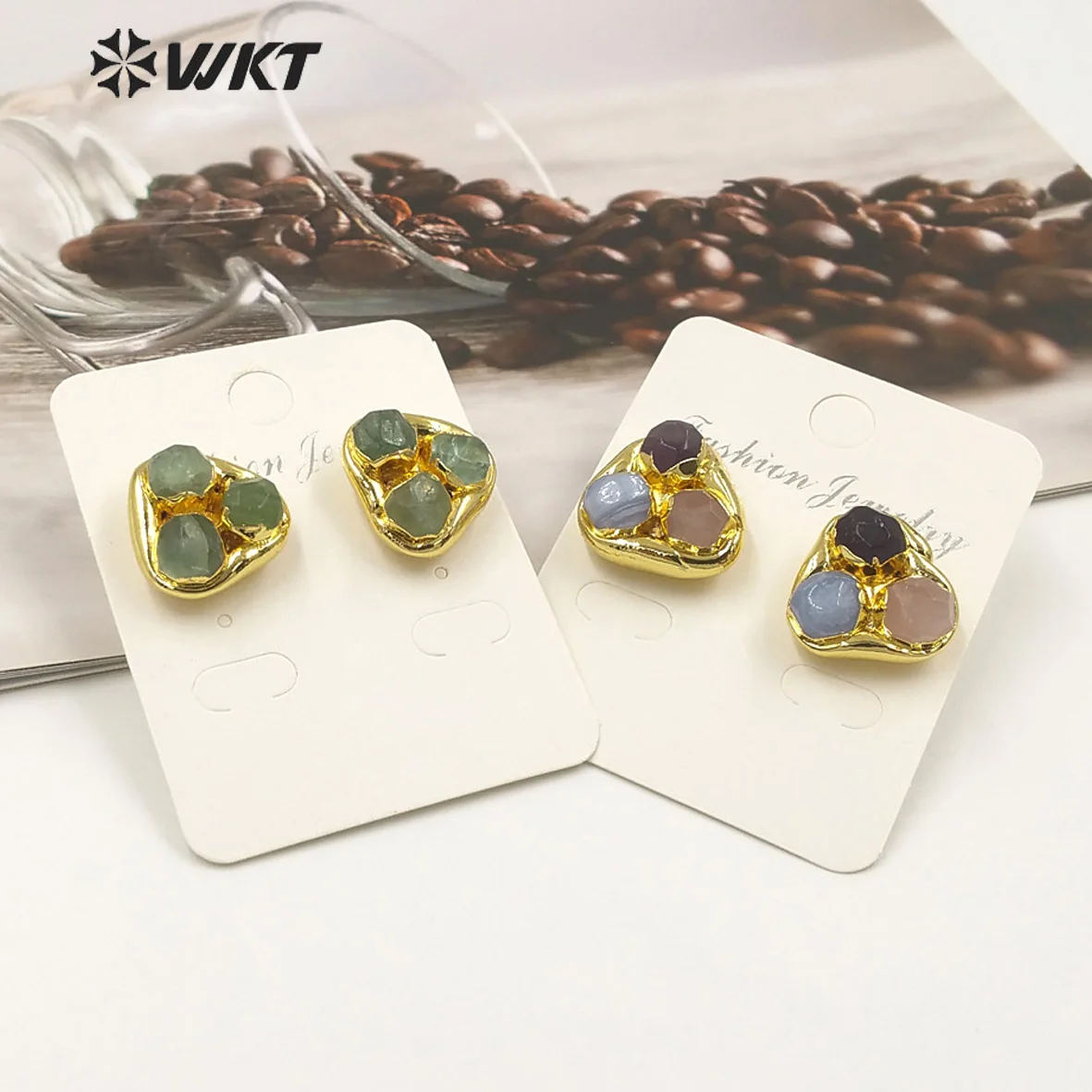 WT-E748 New Arrival Natural Gemstone Triple Stone Design 18k Gold Plated Earrings For Women Party Exquisite Accessories
