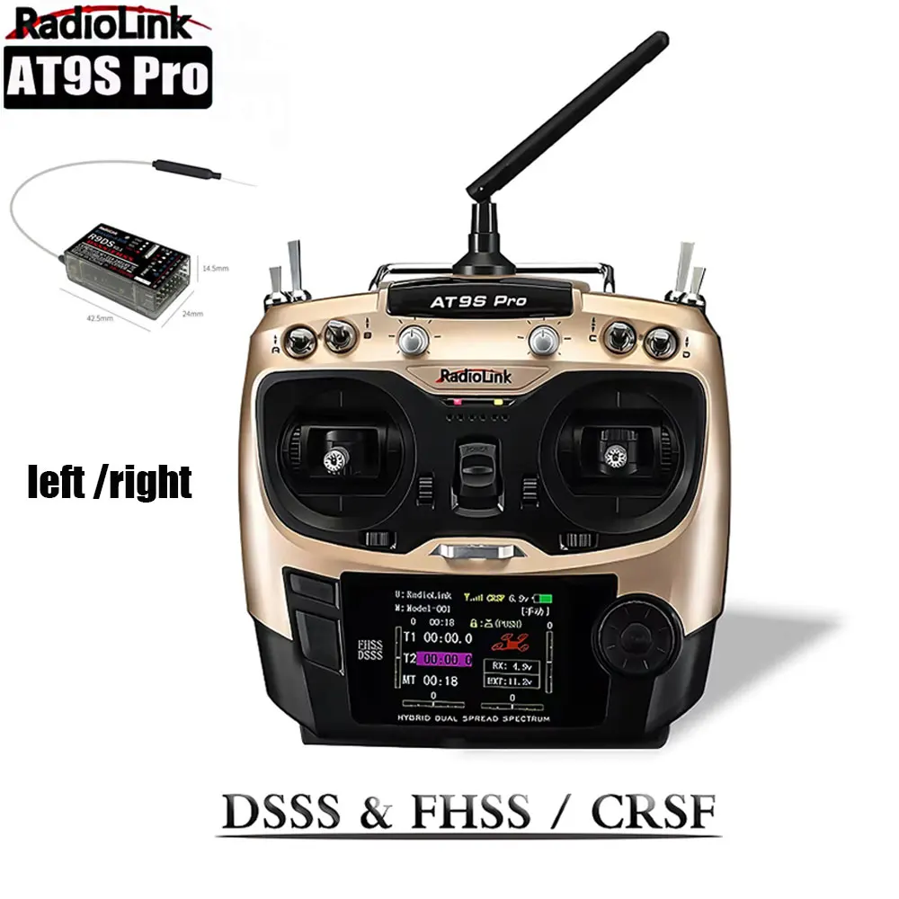 Radiolink AT9SPro 12CH 2.4G DSSS FHSS CRSF Transmissor de rádio mão esquerda direita com receptor R9DS para FPV Racing Drone Multicopter