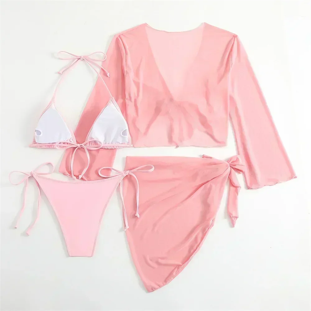 Cute Pink Bandage Swimsuit Cover-up Triangle Bikini Thong Halter Swimwear 4-Piece Trend Bikinis Beach Outfit Women Bathing Suits