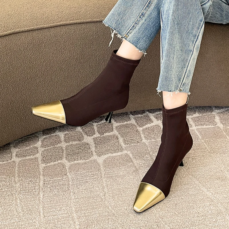 Elegant Almond Toe Ankle Boots Woman Fashion High Heel Mix Color Elastic Booties Ladies Autumn Party Evening Stiletto Pump Shoes