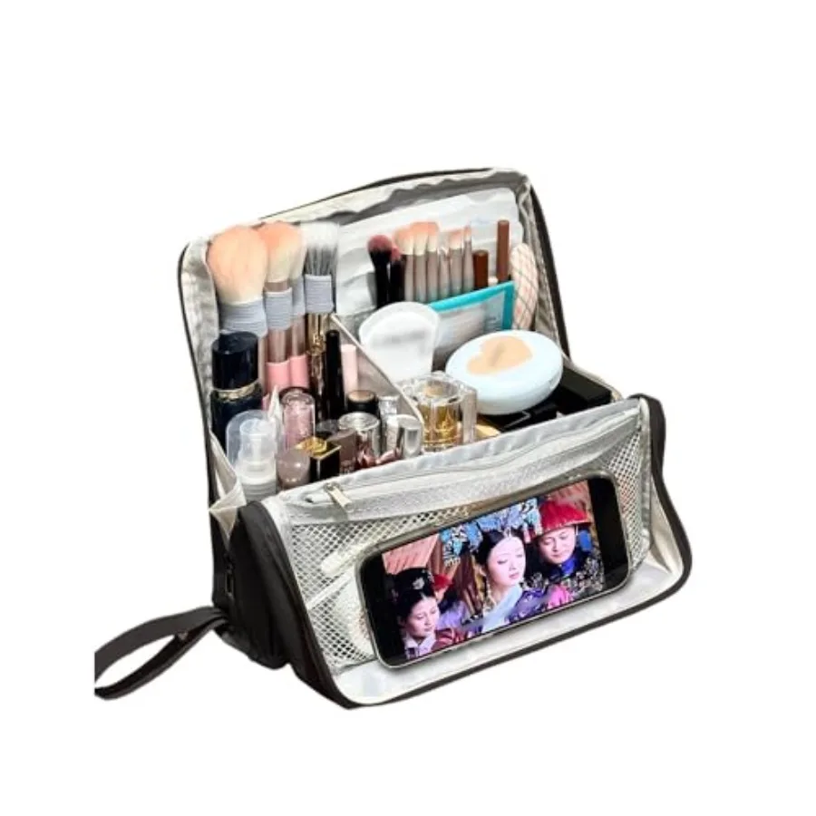 

standing Makeup Bag, Compact Yet Spacious Cosmetic Organizer, Waterproof Toiletry Bag with Divider, Brush Holder, Upright Desig