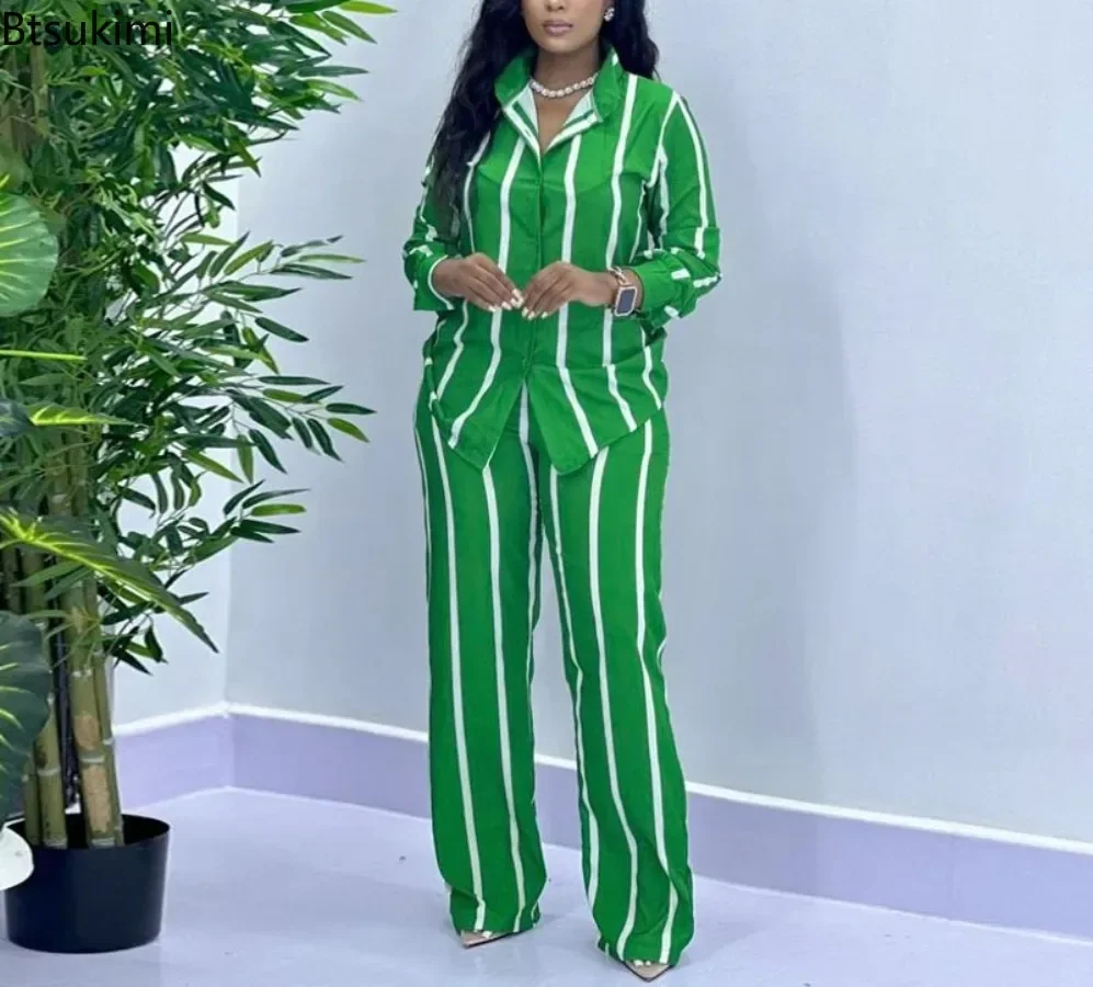 Fashion Elegant Two Piece Set Women's Striped Print Long Sleeve Lapel Button Shirts and Pants Casual Suit Ladies African Clothes
