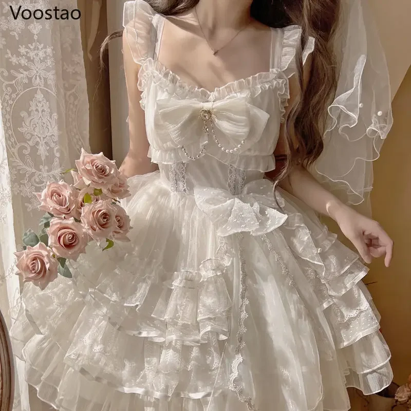 Słodka sukienka księżniczki Lolita Vintage wiktoriańskie kobiety eleganckie falbany perłowa kokarda Party wielowarstwowe sukienki dziewczęce ślubne Kawaii Vestidos