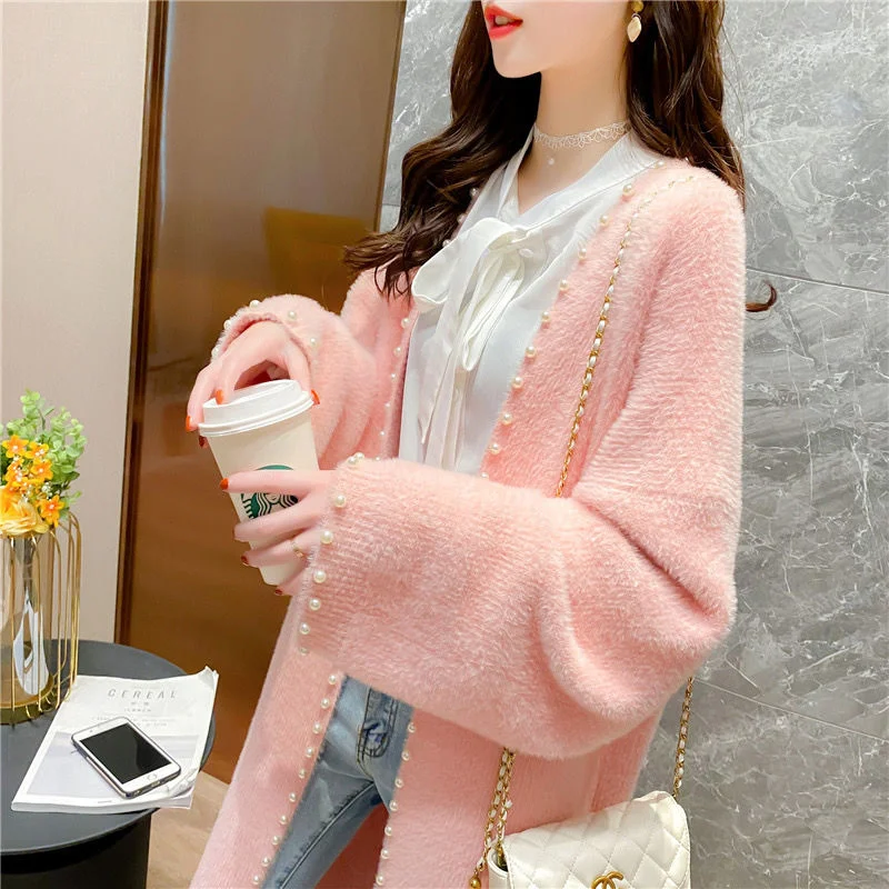 2024 Autumn And Winter Lazy Mink Long Coat Women\'s Korean Version Loose And Thick Knee Length New Sweater Cardigan Knitted