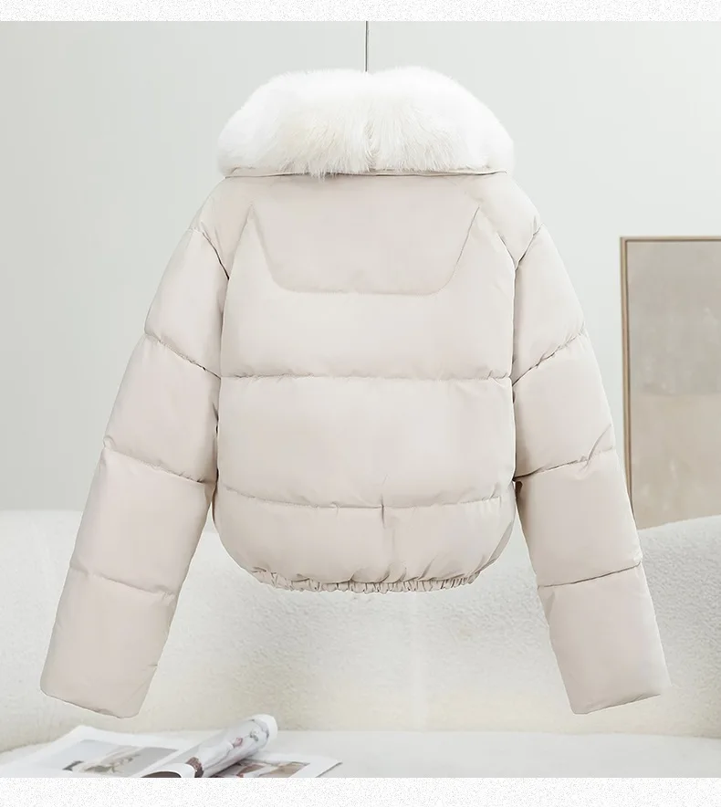 Korean Trend 2026 Winter New Women's Solid Color Short Down Cotton Jacket Simple V-neck Fashion Loose Fur Collar Jacket