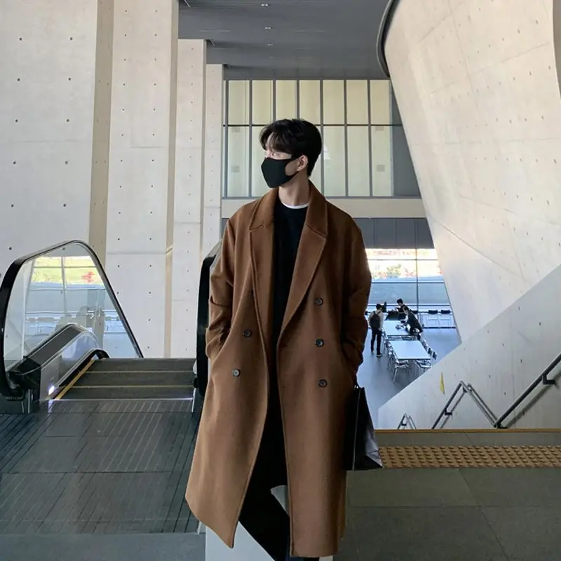

Wool Blend Coat Black Mans Autumn All-Season Versatile Single-Button Mid-Long Knit Korean Style Aesthetic Kpop Streetwear Warmer