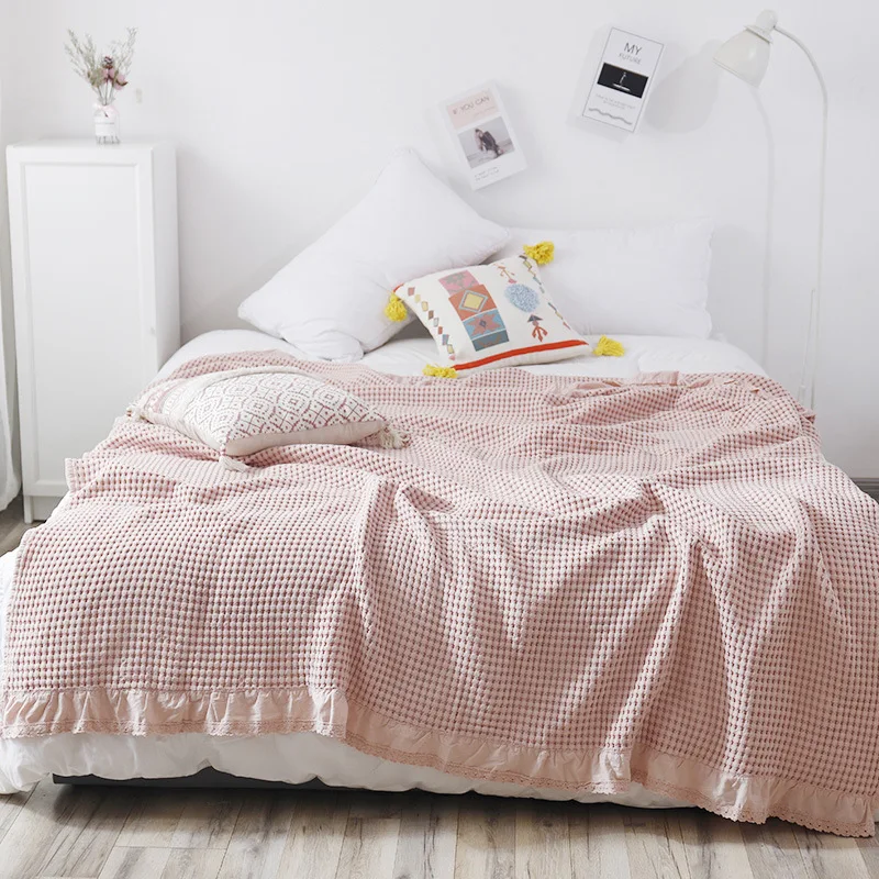 

Quality Waffle Plaid Quilt Sleeping Flounce Lace Blankets Student Bed Linen Home Kids Bedspread Comforter Fabric Bedspread 이불이불