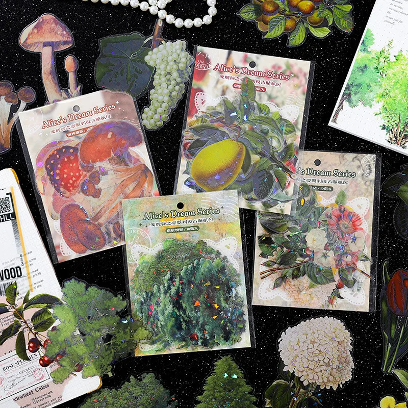 10 Pcs/pack Fruits Plants Flowers Mushroom Holographic PET Transparent Waterproof Vintage Stickers For Planners Scrapbook Laptop