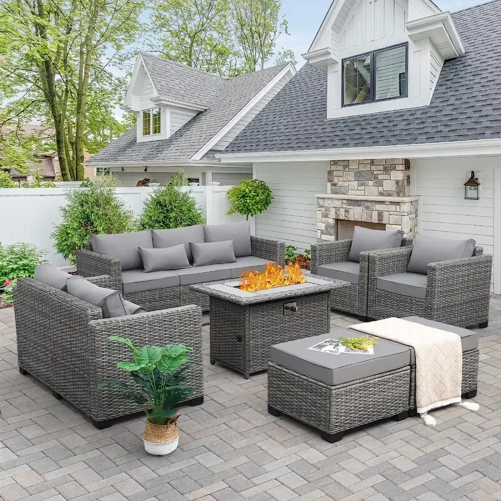 

Outdoor Furniture Sets with Waterproof Covers, Wicker Propane Fire Pit Table, No-Slip Cushions, Patio Covers, 7 Pcs