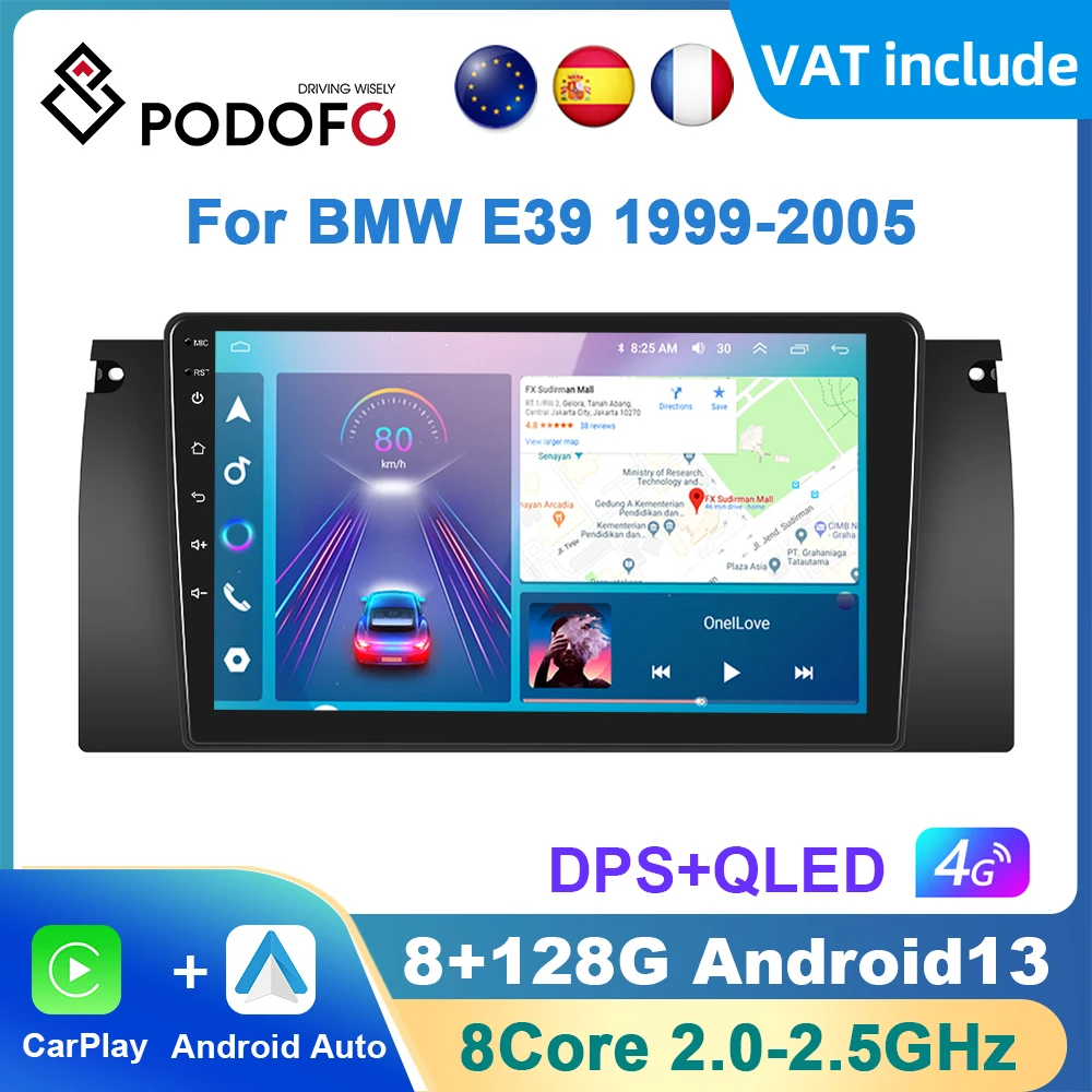 Podofo AI Voice Android Carplay Car Radio For BMW E39 1999-2005 2din Android Auto 4G Multimedia Navigation GPS autoradio DSP