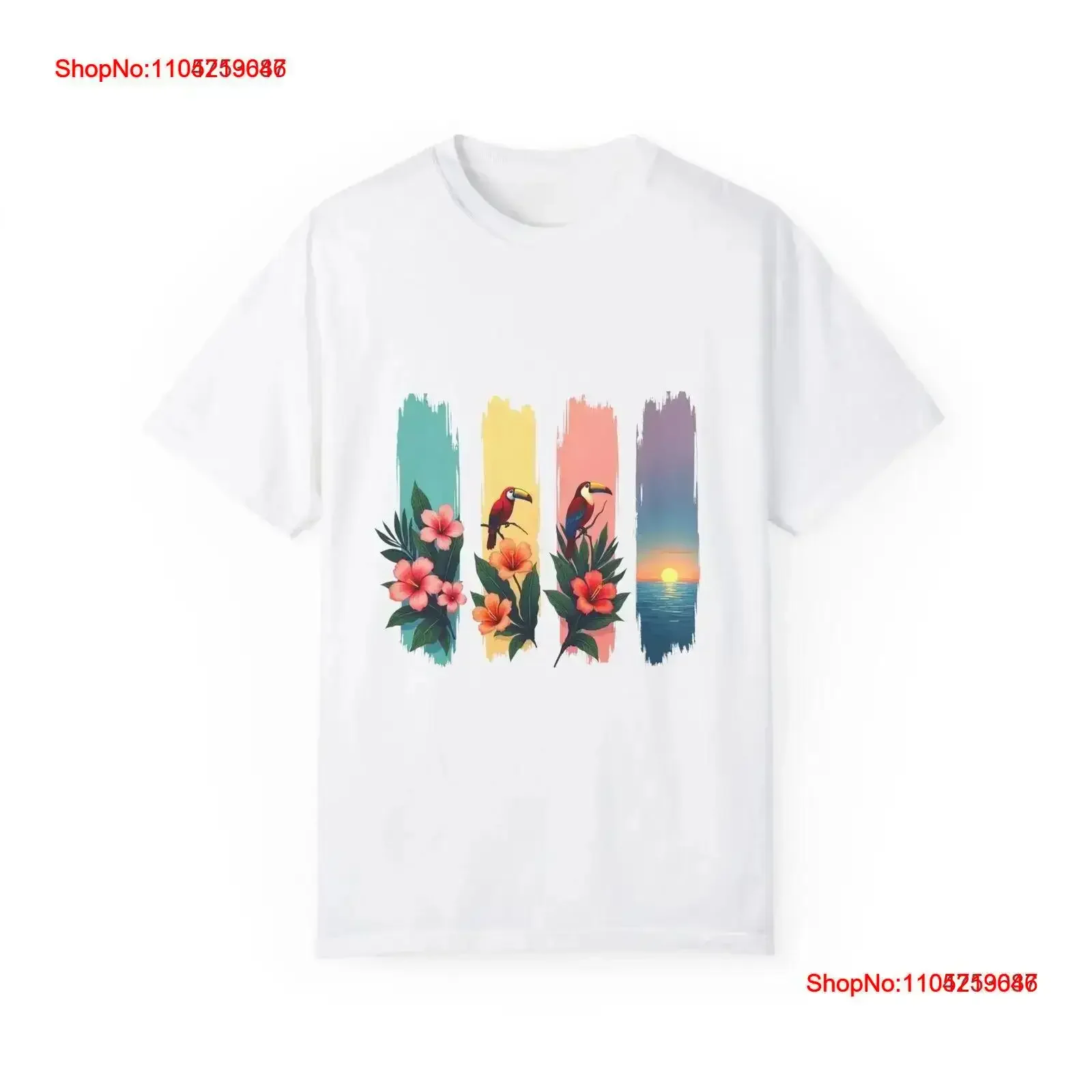 Tropical Brushstroke T shirt Exotic Bird and Flower Vacation Sunset Pastel vintage Washed Stretched Breathable Comfortable