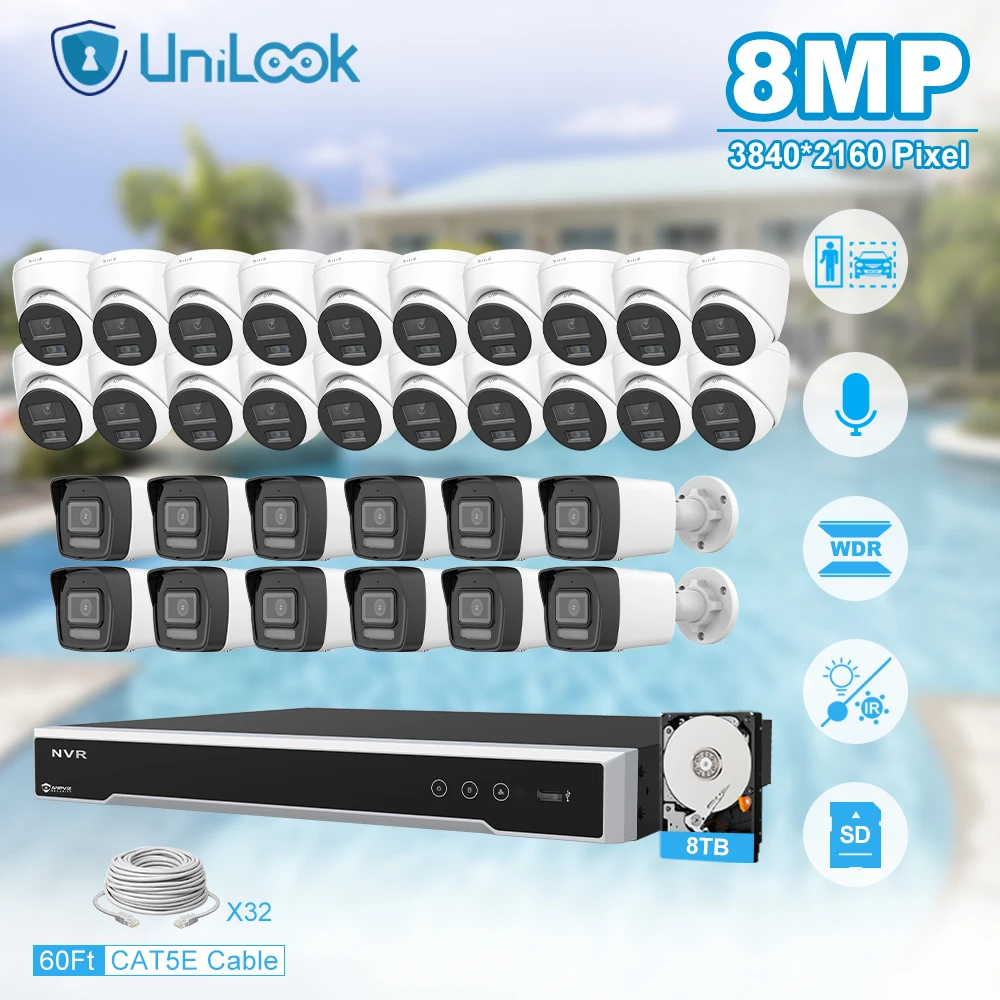 Unilook Security Protection 8MP Mini IP Camera System Kit 32pcs IP Camera Indoor 32CH NVR CCTV Security System P2P View IP66