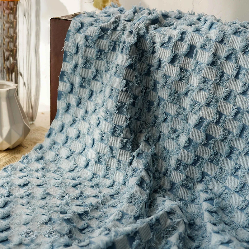 Light Blue Denim Fringed Checkerboard Yarn Dyed Jacquard Fabric for Skirt Jacket Dress Diy Sewing 50cmx165cm