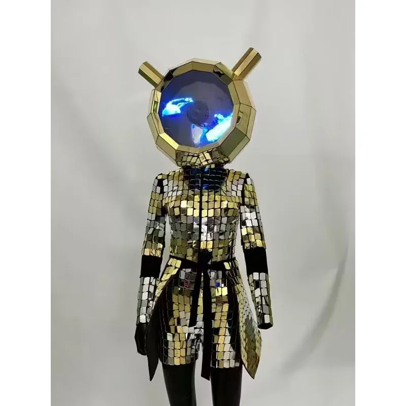 Mirror costume with display helmet heagear women dancer entertainment show party outfitLuxury Night Party performance Wear
