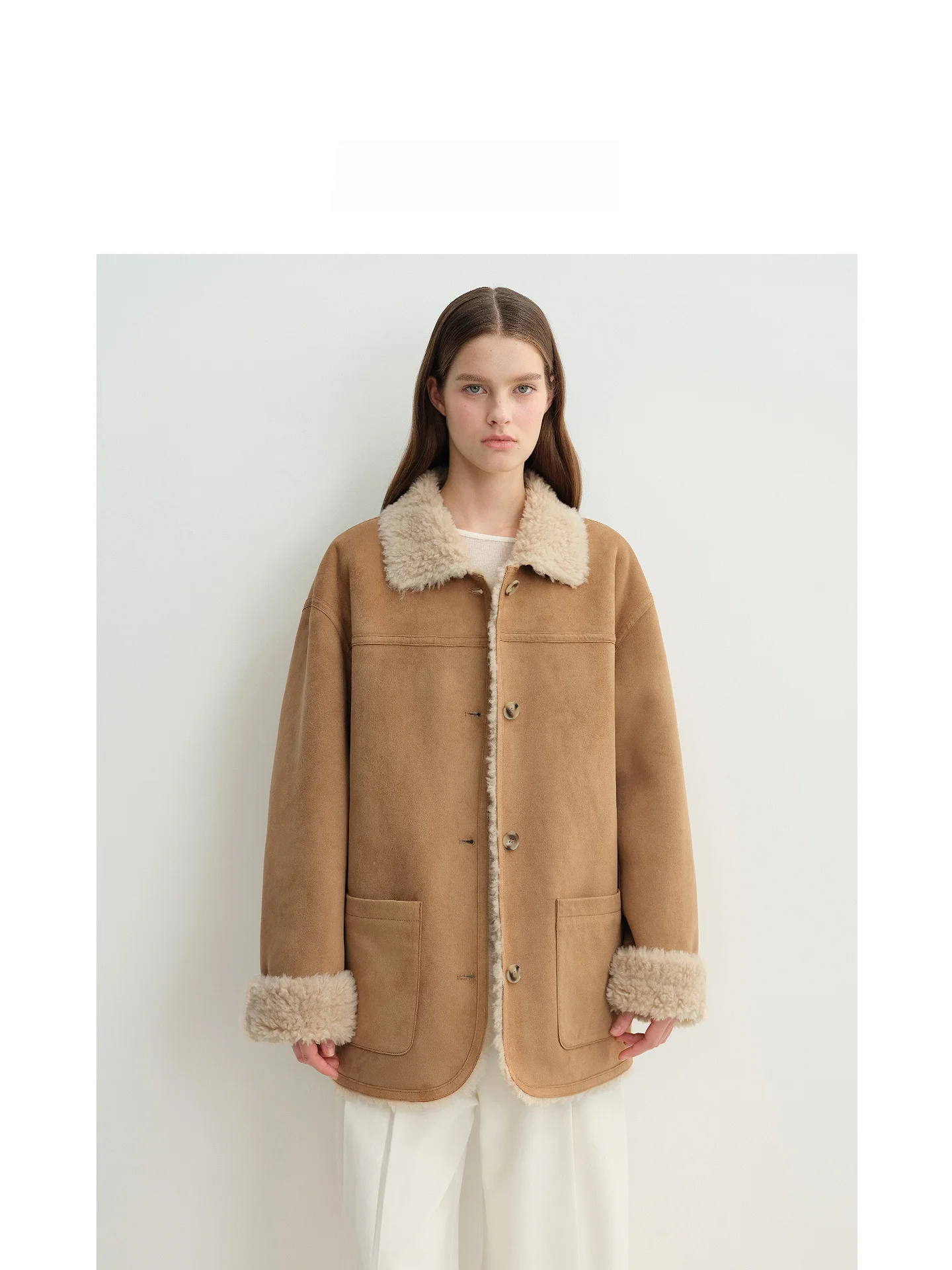 

Double-Sided Wear Woolen Faux Fur Jaet Turn-down Collar eepskin Leather Coat Korean Sle Loose Fit Long Sve Women's O...