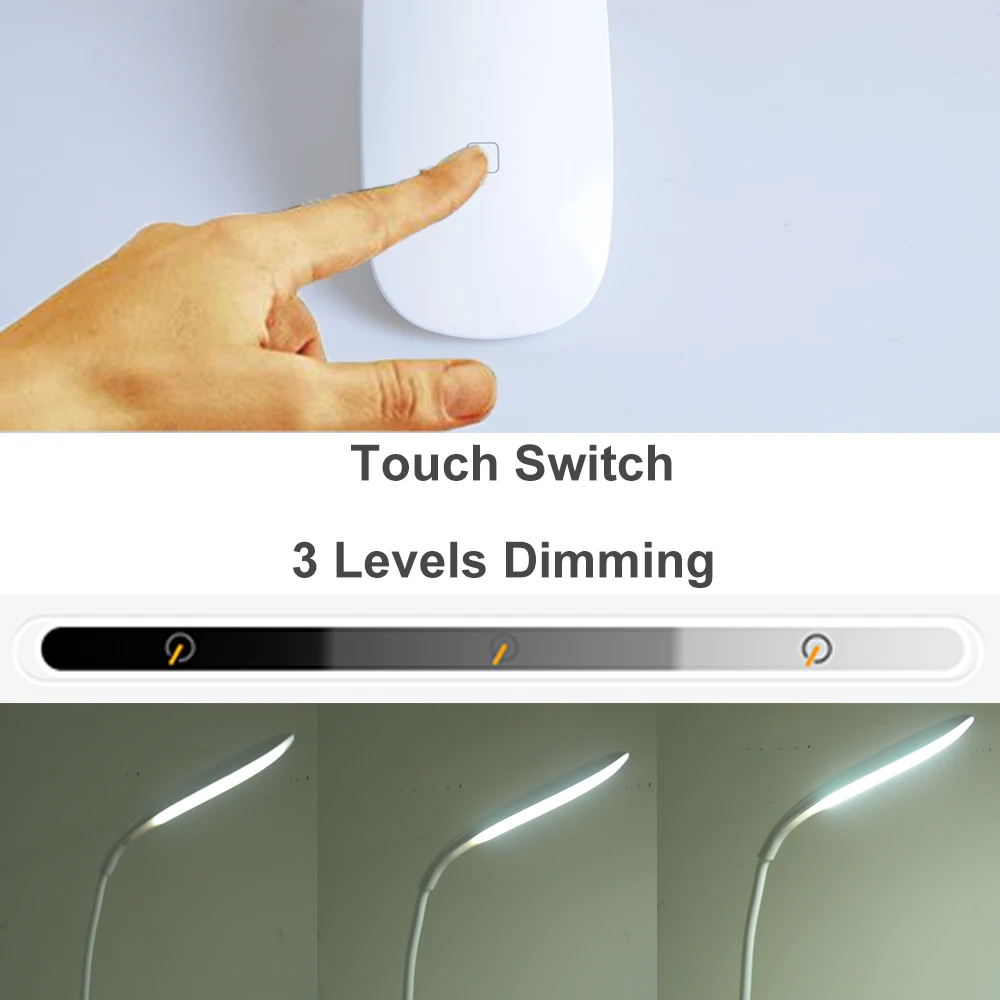 Clip ricaricabile lampada da tavolo a Led flessibile interruttore tattile lampade da tavolo a LED USB per la protezione degli occhi da comodino Dimmer luce del libro di lettura
